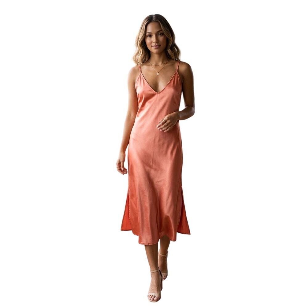 Vintage World Of My Own Satin Slip Midi Dress Large Burnt Orange Open Tie Back